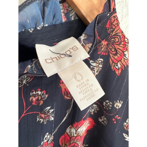 Modest High Neck Floral Bell Sleeve Top Medium Gold Threads Navy Blue Demure - Picture 5 of 7